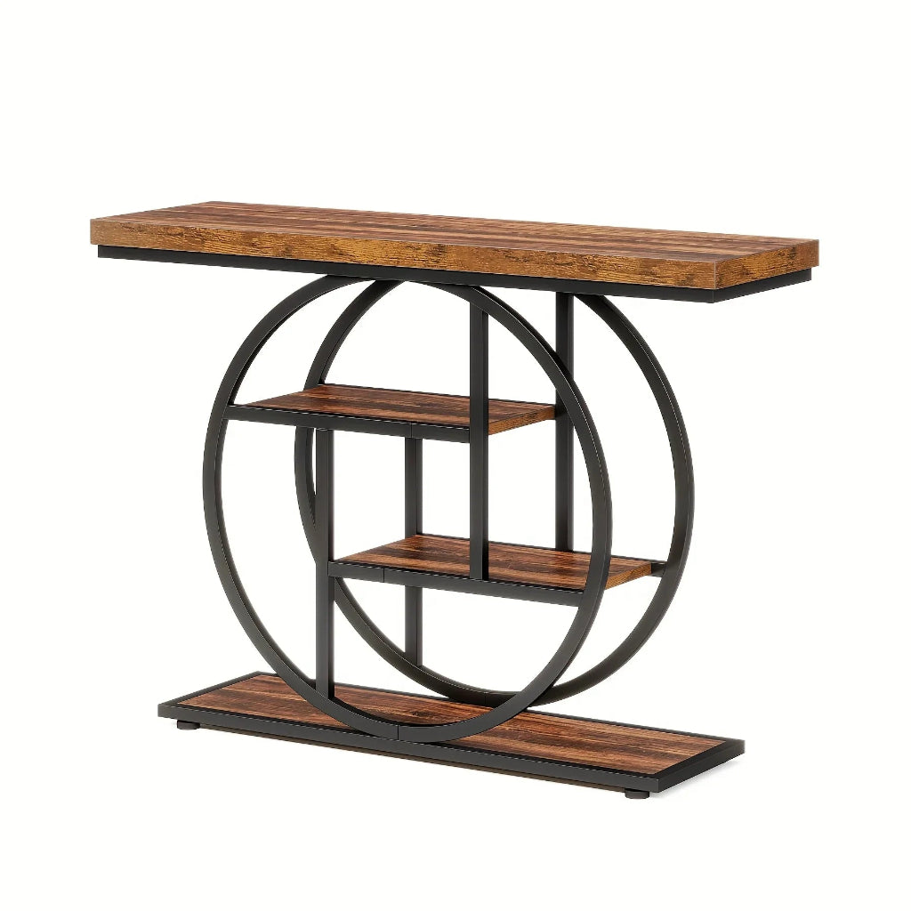 Industrial Console Table with 4-Tier Shelves and Round Base