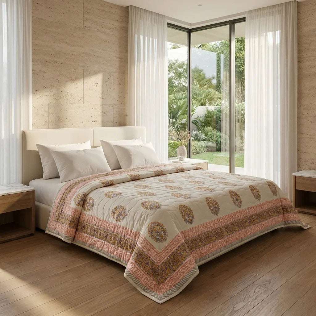 Cream & Sage Green Rose Pink Floral Jaipur Indian Hand Block Print Quilted Comforter — House of Avana, view 2 of 5