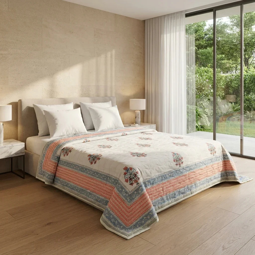 Cream & Dusty Blue Mauve Floral Jaipur Indian Hand Block Print Quilted Comforter — House of Avana, view 2 of 5