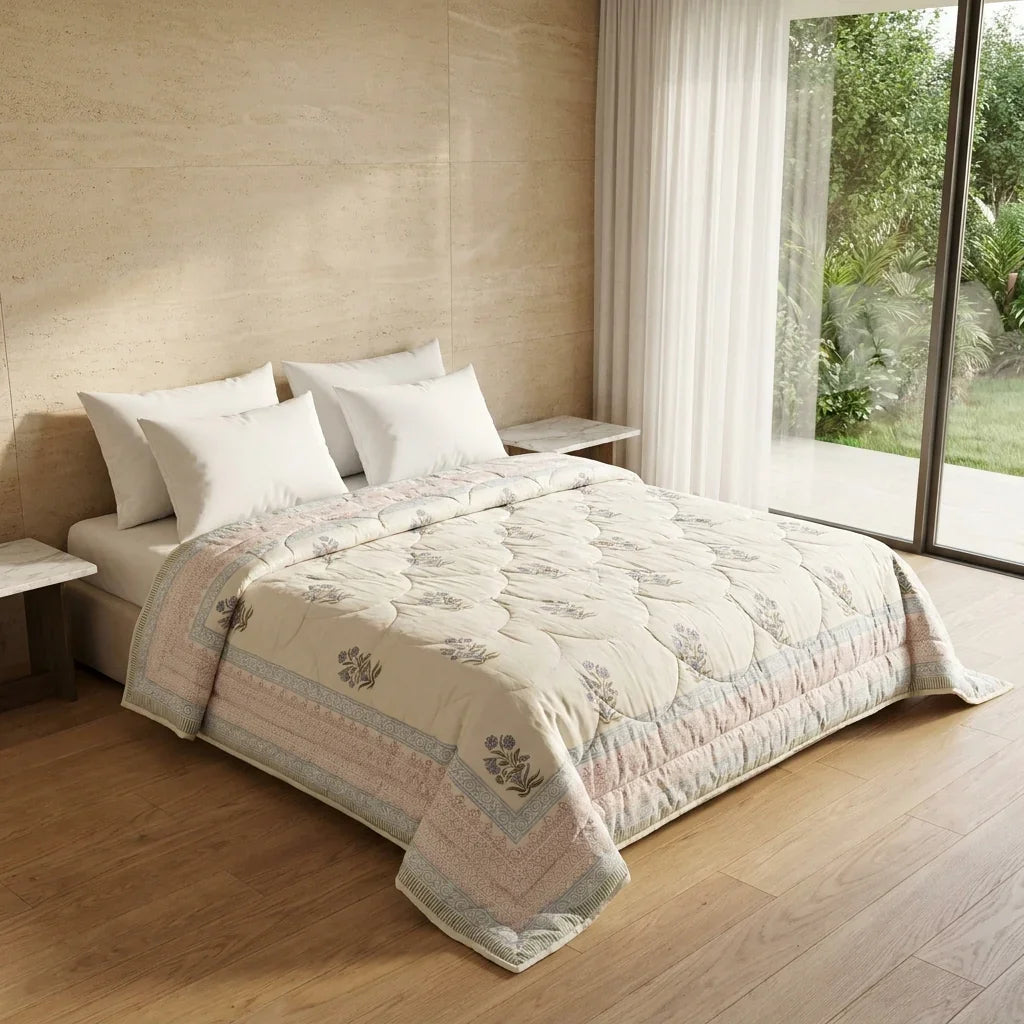Cream & Burgundy Slate Floral Jaipur Indian Hand Block Print Quilted Comforter — House of Avana, view 2 of 5