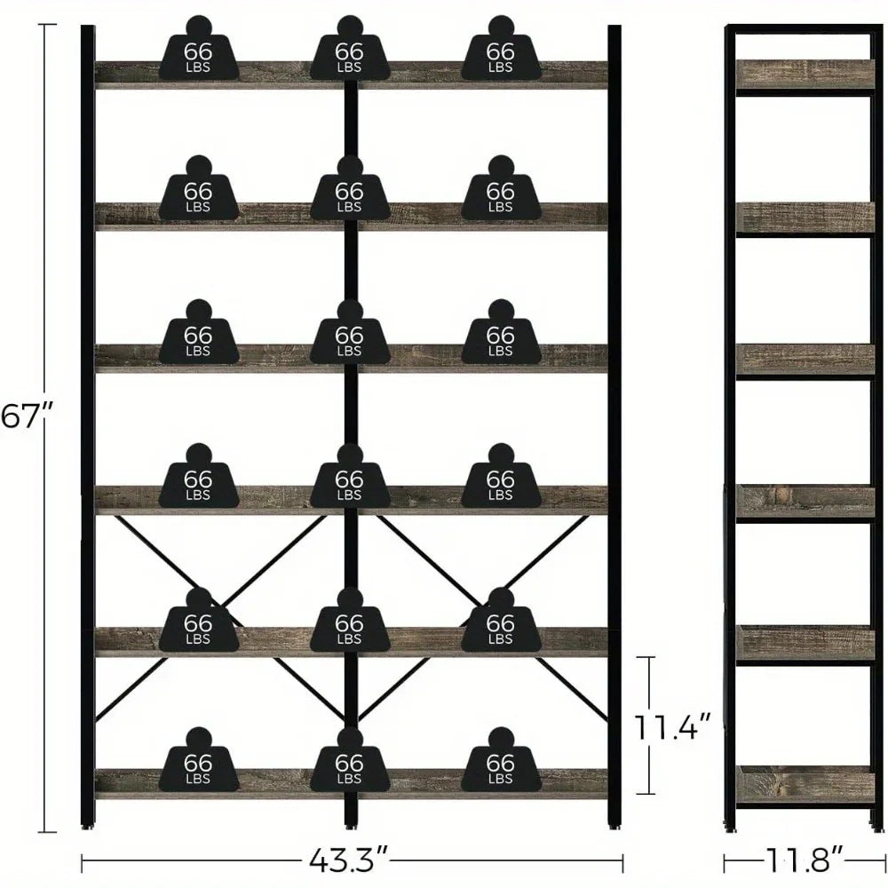 Metal Bookcase - 6-Tier Grey Storage Unit with Hooks, 43.3" Wide