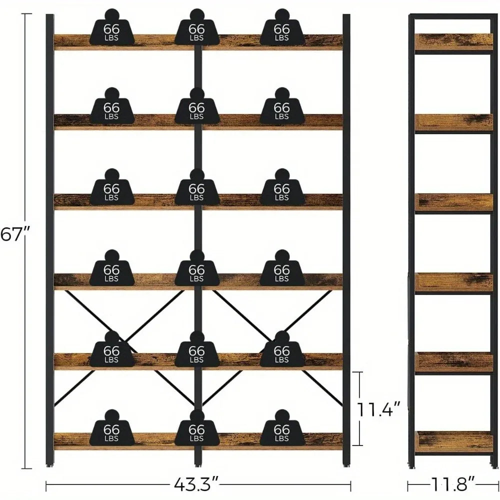 Metal Bookcase - 6-Tier Grey Storage Unit with Hooks, 43.3" Wide