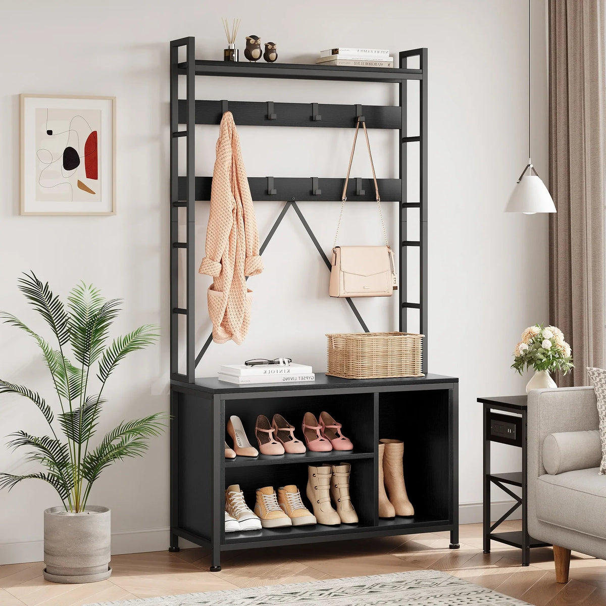 Metal Entryway Organizer with 17 Hooks and Storage Bench