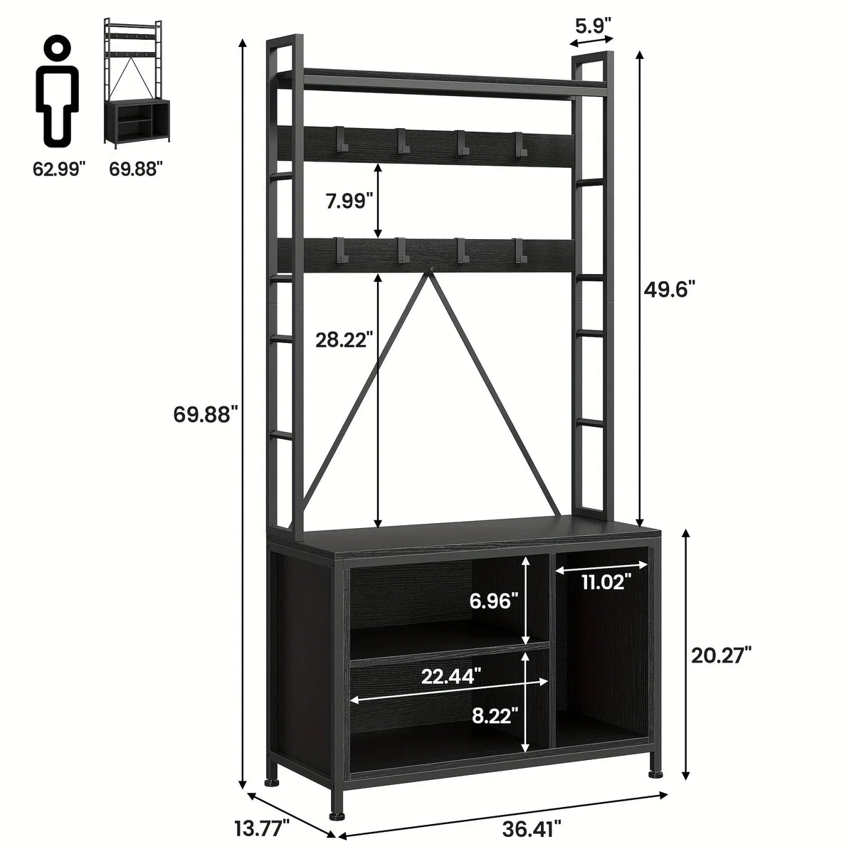 Metal Entryway Organizer with 17 Hooks and Storage Bench