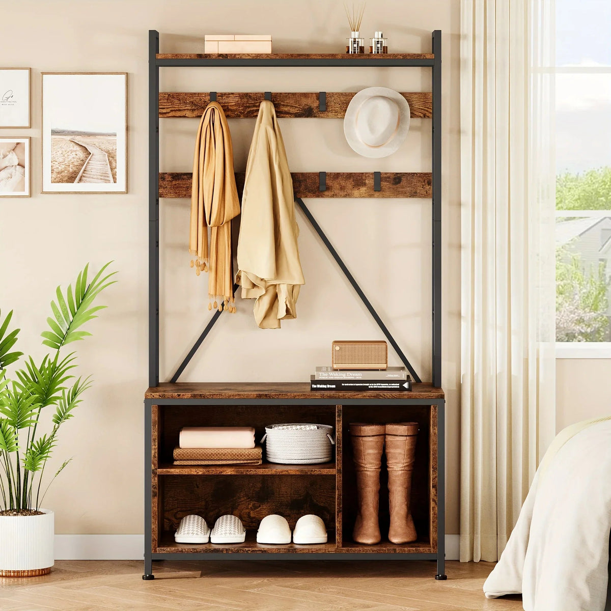 Metal Entryway Organizer with 17 Hooks and Storage Bench