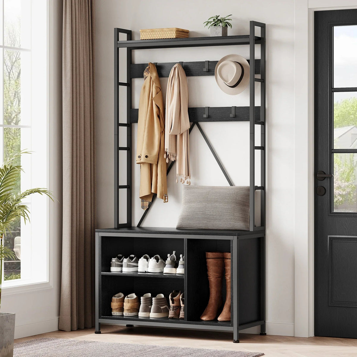 Metal Entryway Organizer with 17 Hooks and Storage Bench