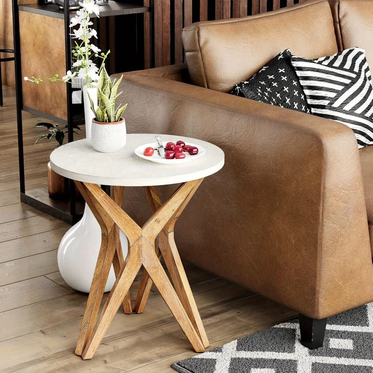 Pedestal Farmhouse End Table Set of 2, White Round End Table, Distressed White Top with Tripod Base for Modern Farmhouse, Boho Decor, Round