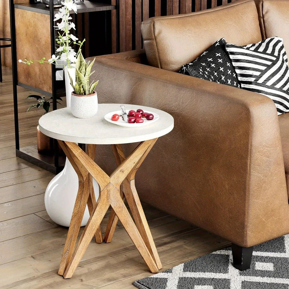 Pedestal Farmhouse End Table Set of 2, White Round End Table, Distressed White Top with Tripod Base for Modern Farmhouse, Boho Decor, Round