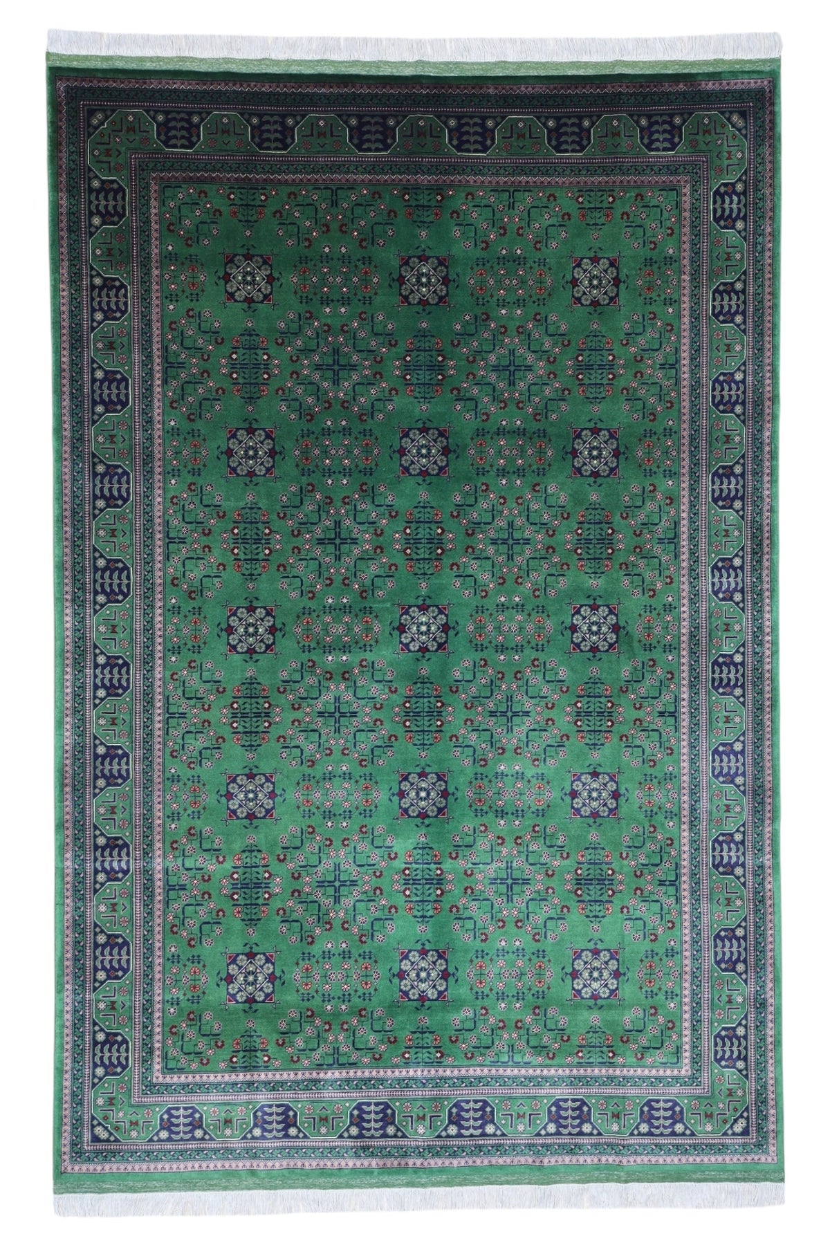 Afghan Turkmen Rug 7x10 | Green, Navy & Ivory | Hand-Knotted Wool - Rugistan