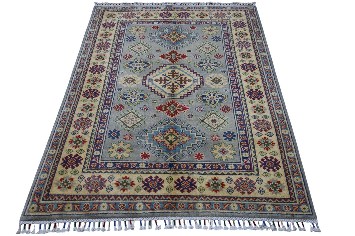 Afghan Kazak Medallion Rug 4x6 | Gray, Gold & Red | Hand-Knotted Wool - Rugistan, view 3