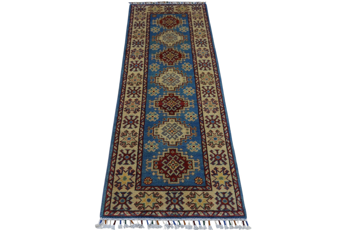 Afghan Kazak Runner 2x6 | Blue, Gold & Red | Hand-Knotted Wool - Rugistan, view 2