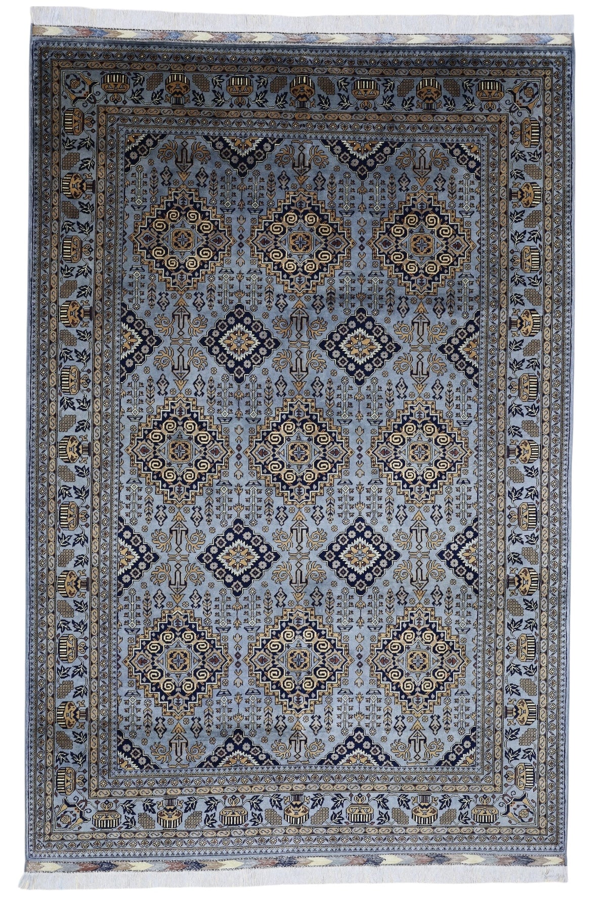Afghan Rug 7x10 | Gray, Gold & Navy | Hand-Knotted Wool - Rugistan