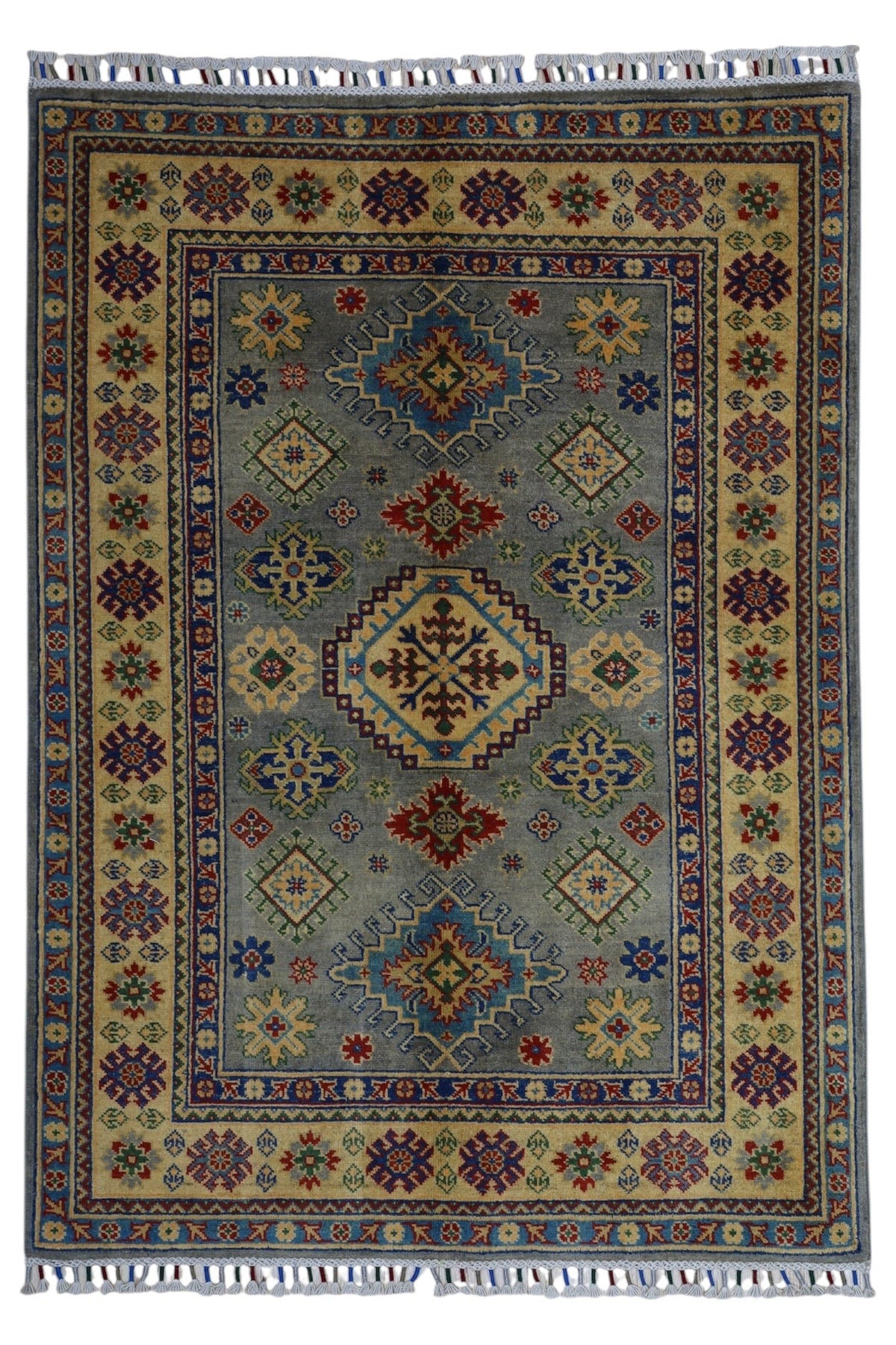 Afghan Kazak Medallion Rug 4x6 | Gray, Gold & Red | Hand-Knotted Wool - Rugistan