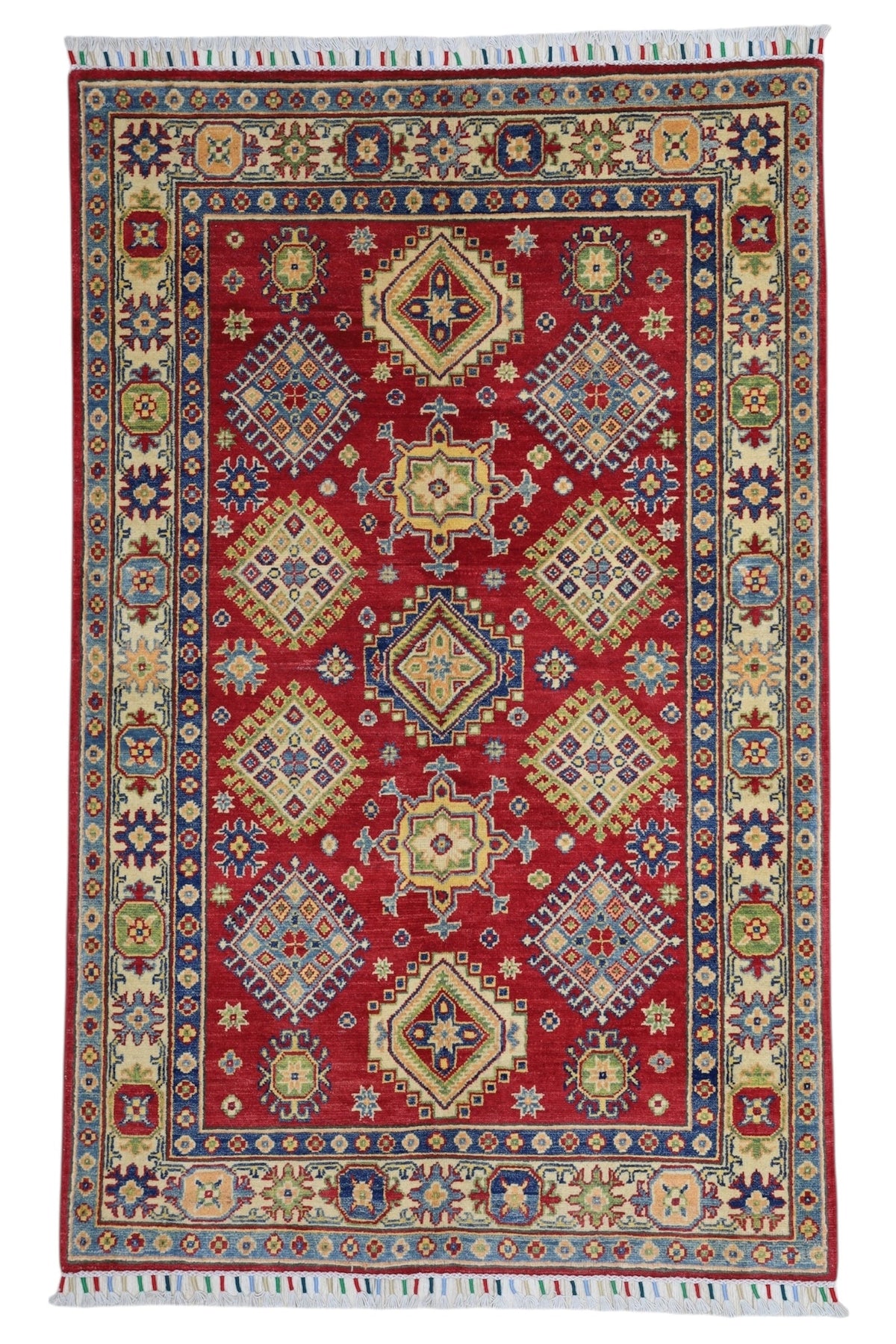 Afghan Kazak Medallion Rug 4x6 | Red, Gold & Ivory | Hand-Knotted Wool - Rugistan