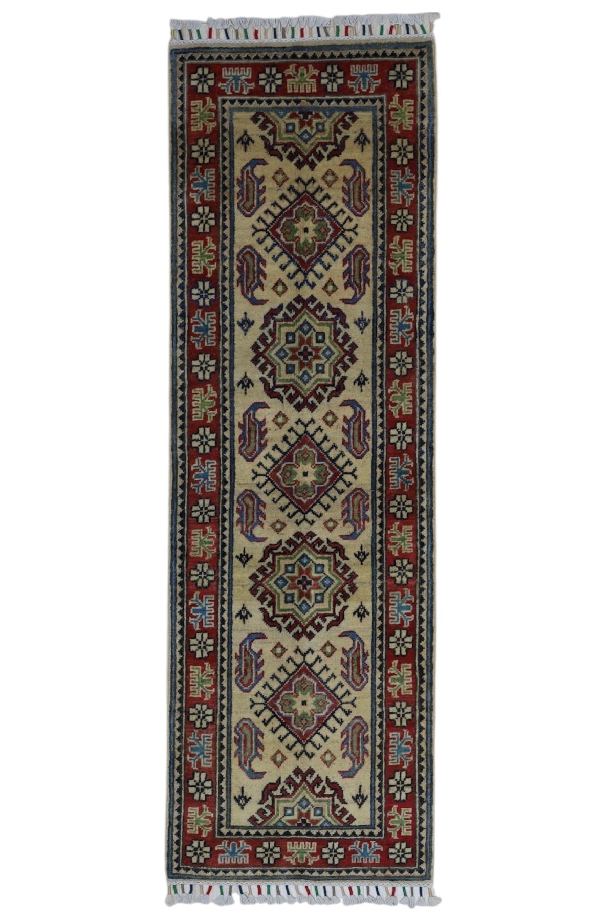 Afghan Kazak Medallion Runner 2x6 | Ivory, Red, Navy & Blue | Hand-Knotted Wool - Rugistan