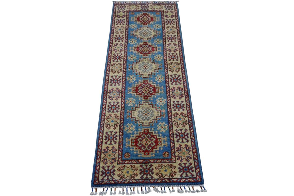 Afghan Kazak Runner 2x6 | Blue, Gold & Red | Hand-Knotted Wool - Rugistan, view 3