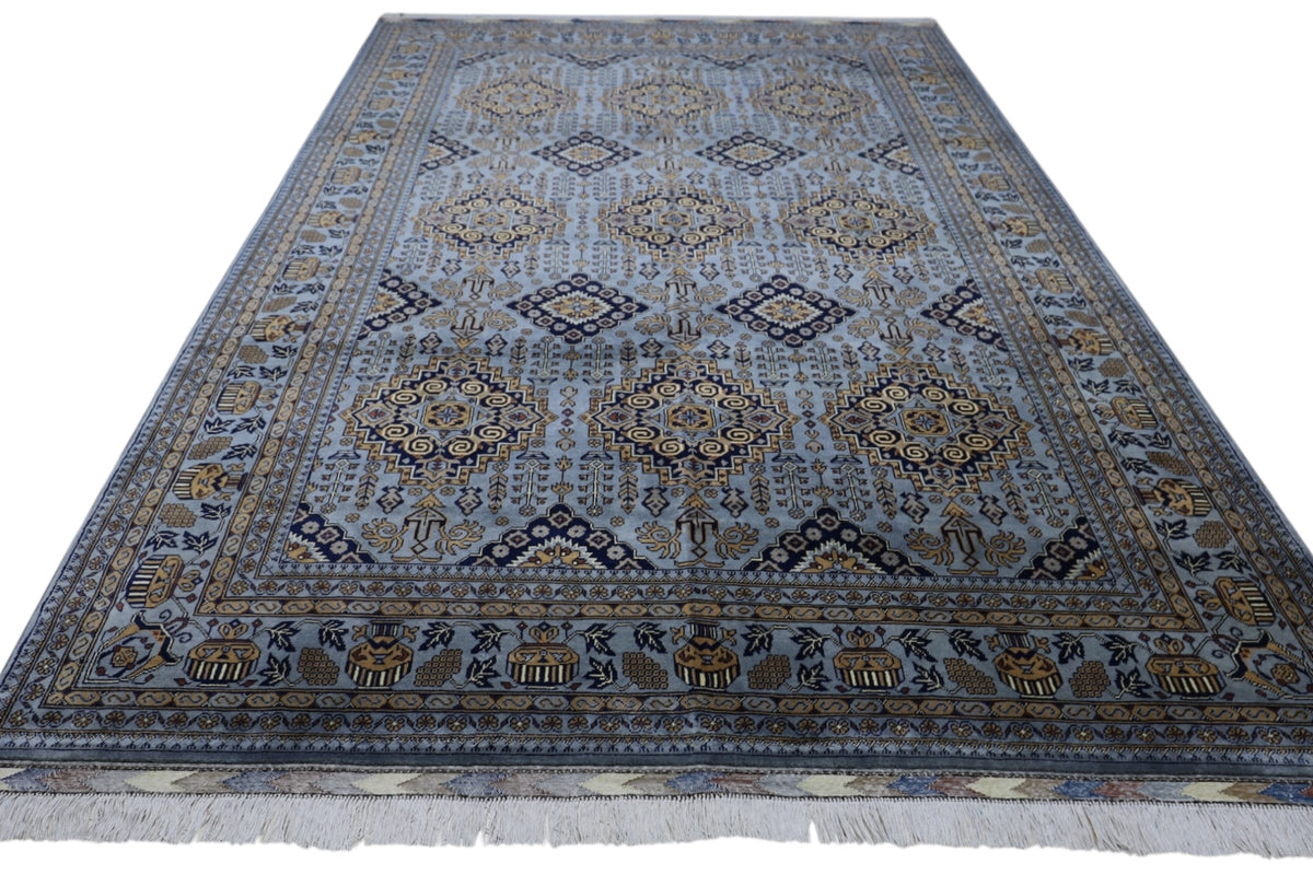 Afghan Rug 7x10 | Gray, Gold & Navy | Hand-Knotted Wool - Rugistan, view 3