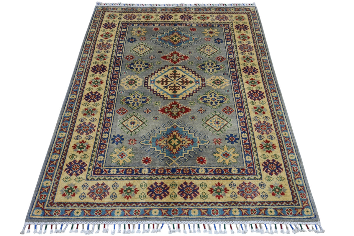 Afghan Kazak Medallion Rug 4x6 | Gray, Gold & Red | Hand-Knotted Wool - Rugistan, view 2
