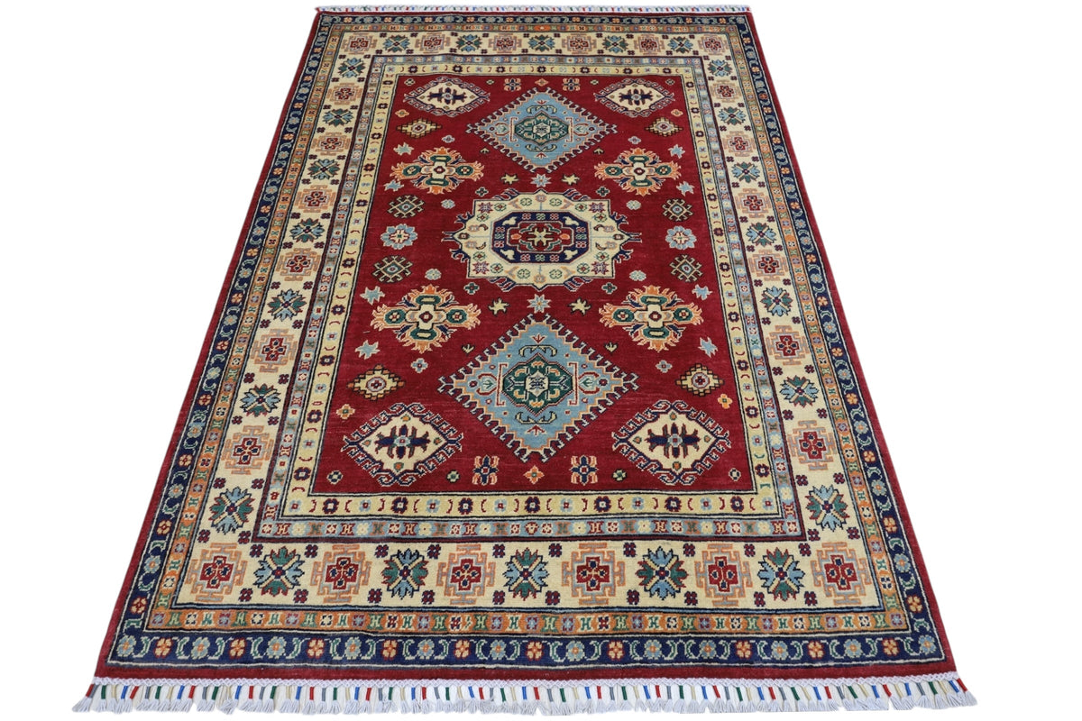 Afghan Kazak Medallion Rug 5x7 | Red, Ivory, Light Blue & Navy | Hand-Knotted Wool - Rugistan, view 2