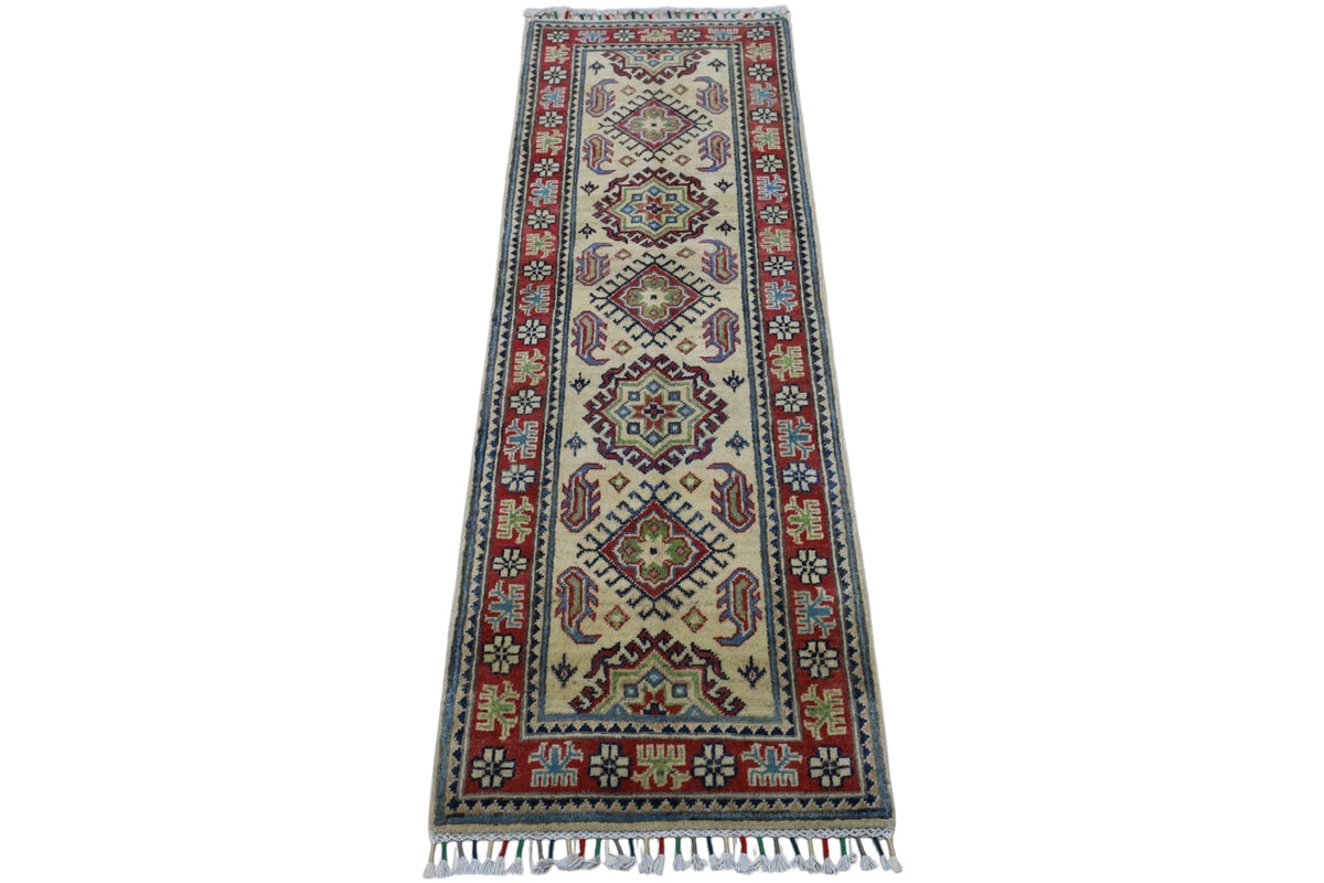 Afghan Kazak Medallion Runner 2x6 | Ivory, Red, Navy & Blue | Hand-Knotted Wool - Rugistan, view 3