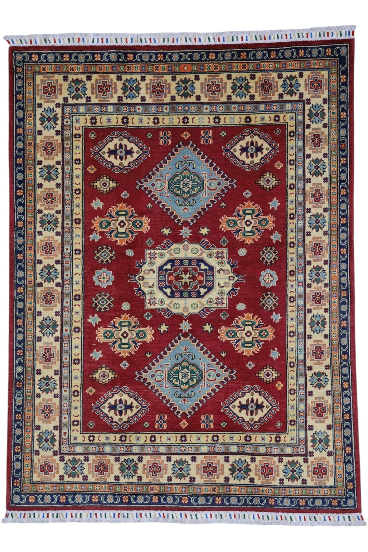 Afghan Kazak Medallion Rug 5x7 | Red, Ivory, Light Blue & Navy | Hand-Knotted Wool - Rugistan