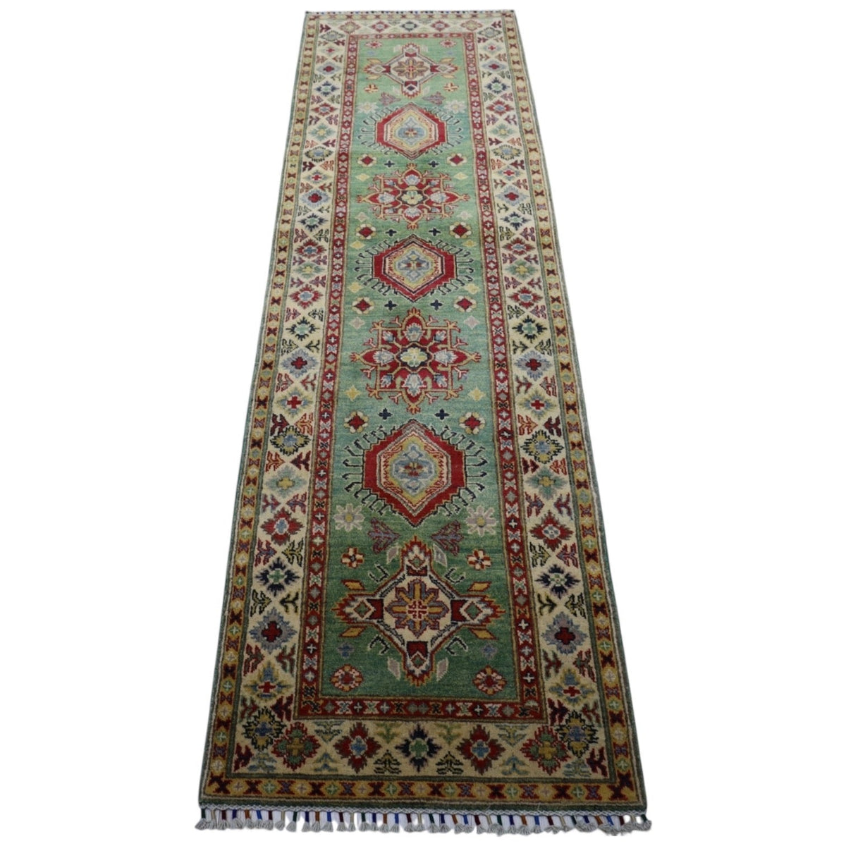Afghan Kazak Runner 3x9 | Green, Ivory & Red | Hand-Knotted Wool - Rugistan, view 2