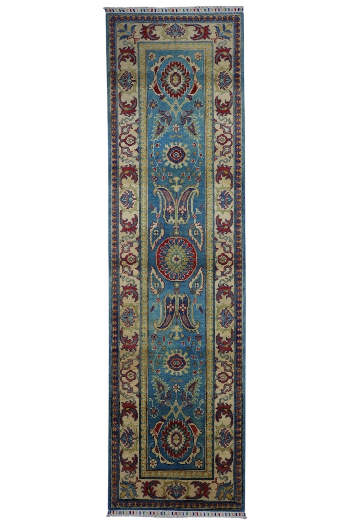 Afghan Kazak Runner 3x10 | Light Blue, Gold & Red | Hand-Knotted Wool - Rugistan