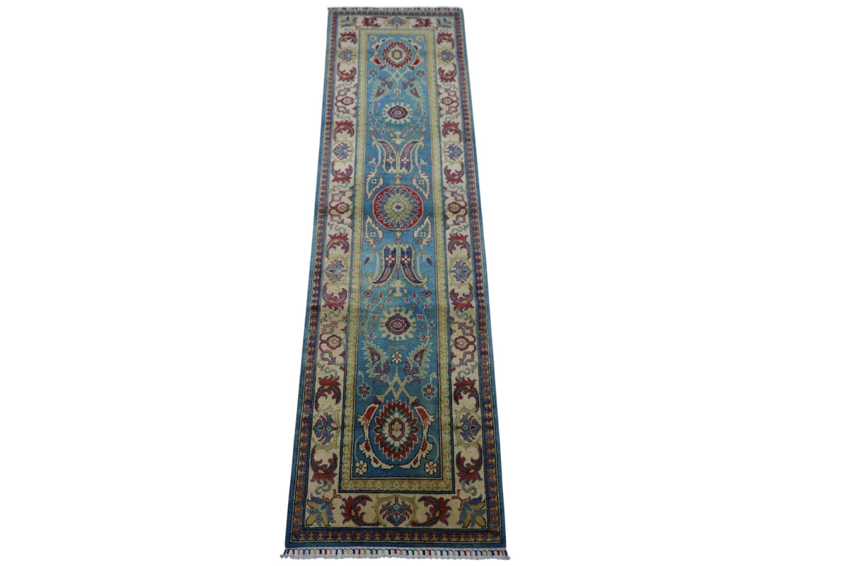 Afghan Kazak Runner 3x10 | Light Blue, Gold & Red | Hand-Knotted Wool - Rugistan, view 2