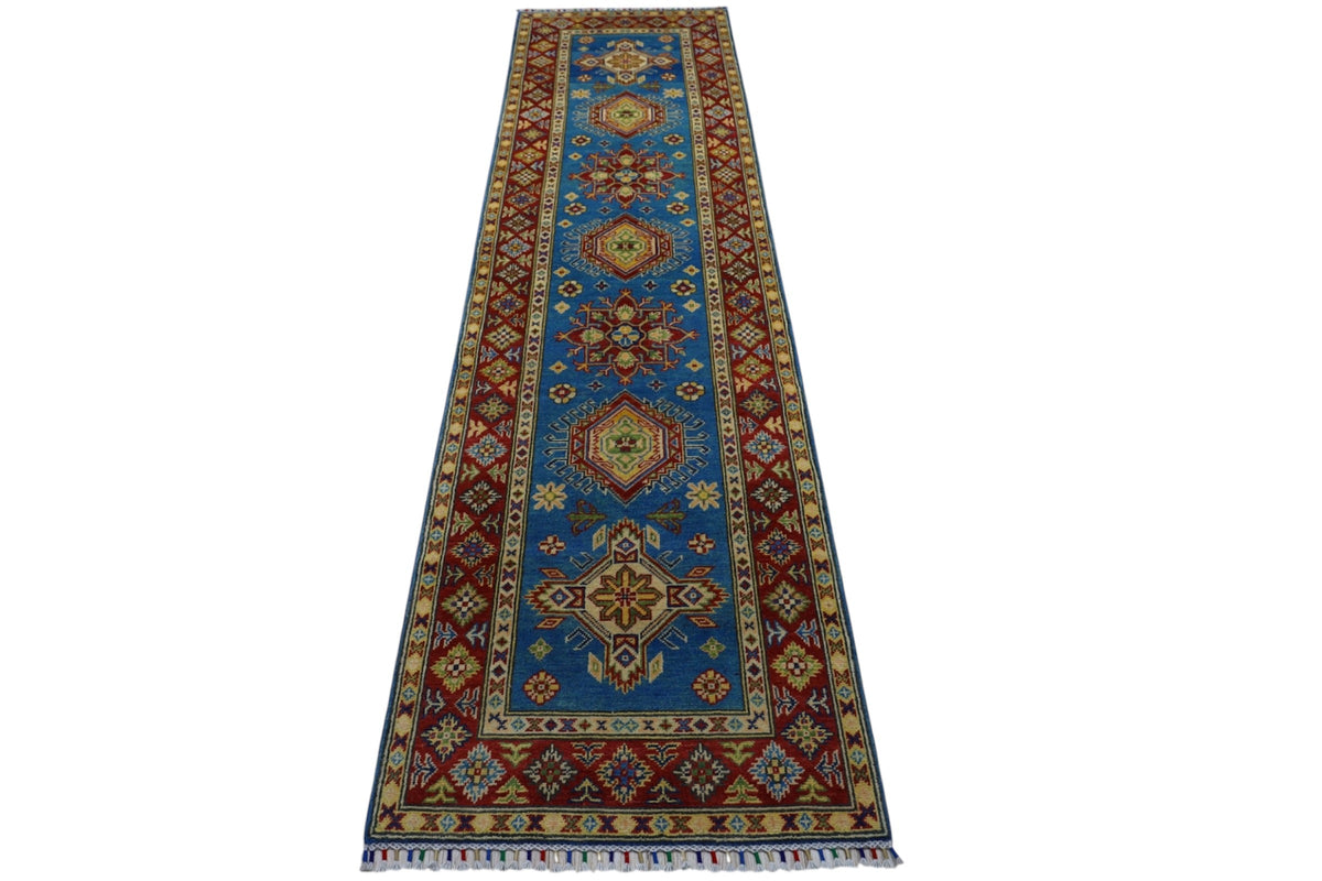 Afghan Kazak Medallion Runner 3x10 | Light Blue, Red, Gold & Ivory | Hand-Knotted Wool - Rugistan, view 3
