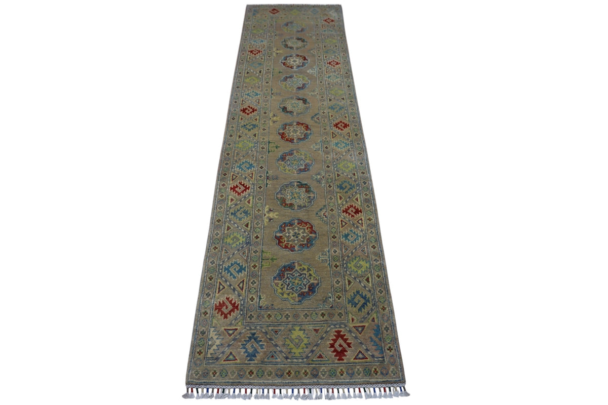 Afghan Kazak Runner 3x10 | Olive Green, Gray & Red | Hand-Knotted Wool - Rugistan, view 2