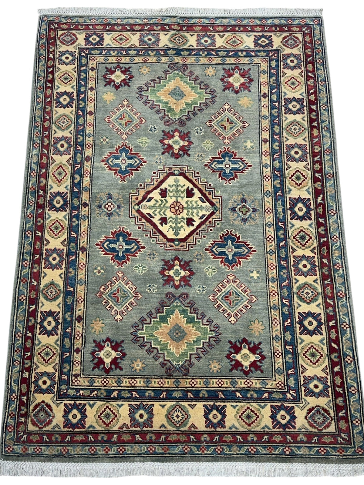 Afghan Kazak Rug 4x6 | Gray, Ivory & Burgundy | Hand-Knotted Wool - Rugistan, view 2