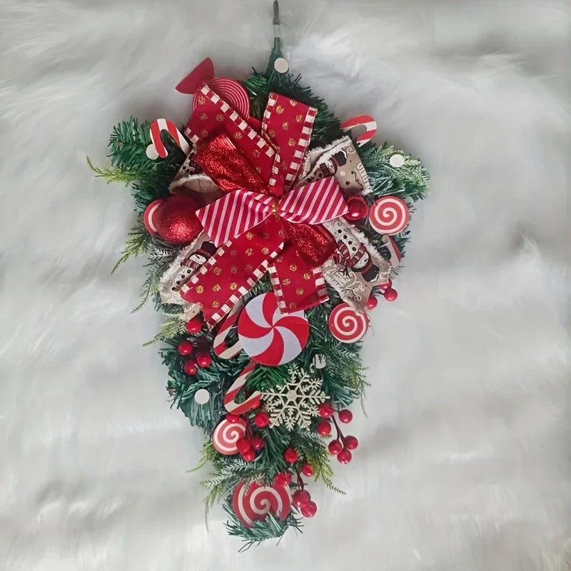 Plastic Christmas Wreath - Red & Candy Cane Design with Golden Bows
