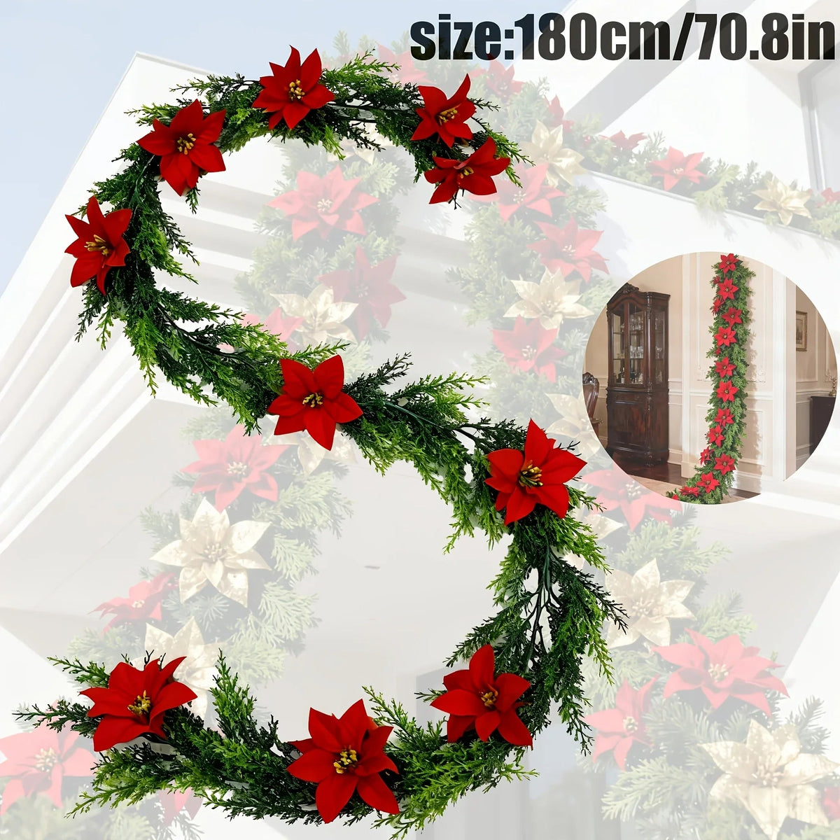 Red Poinsettia Artificial Pine Branches, Large Christmas Decor