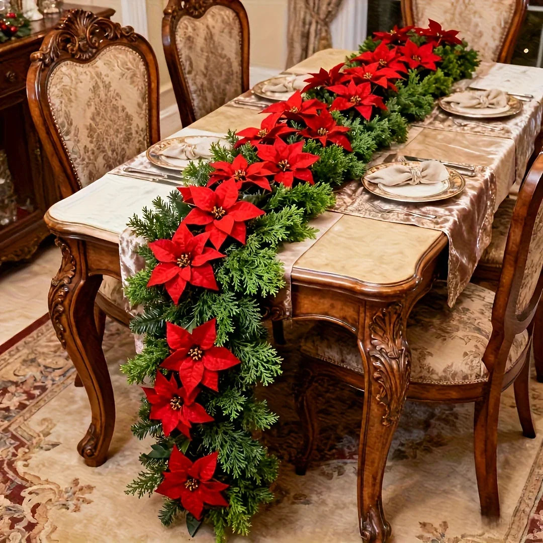 Red Poinsettia Artificial Pine Branches, Large Christmas Decor