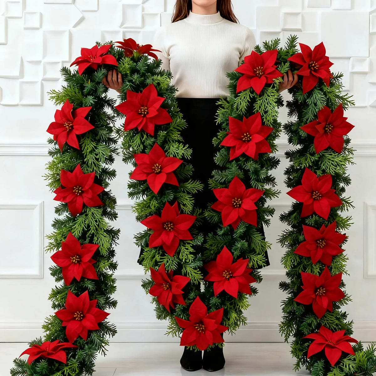 Red Poinsettia Artificial Pine Branches, Large Christmas Decor