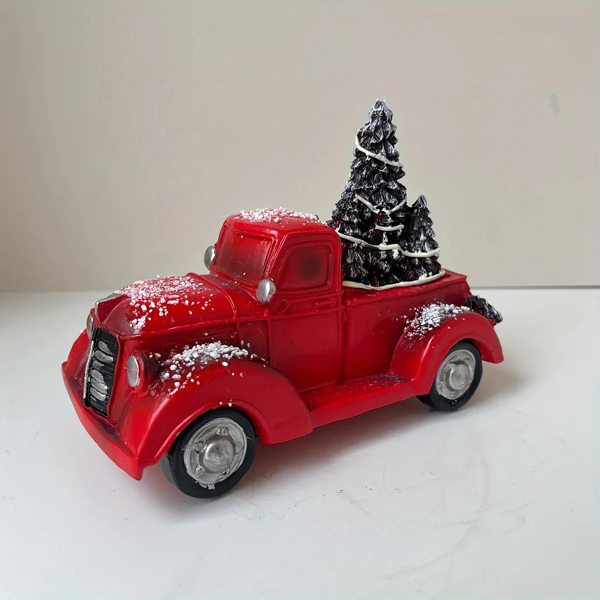 Resin Christmas Figurine Vintage Red Truck with Tree