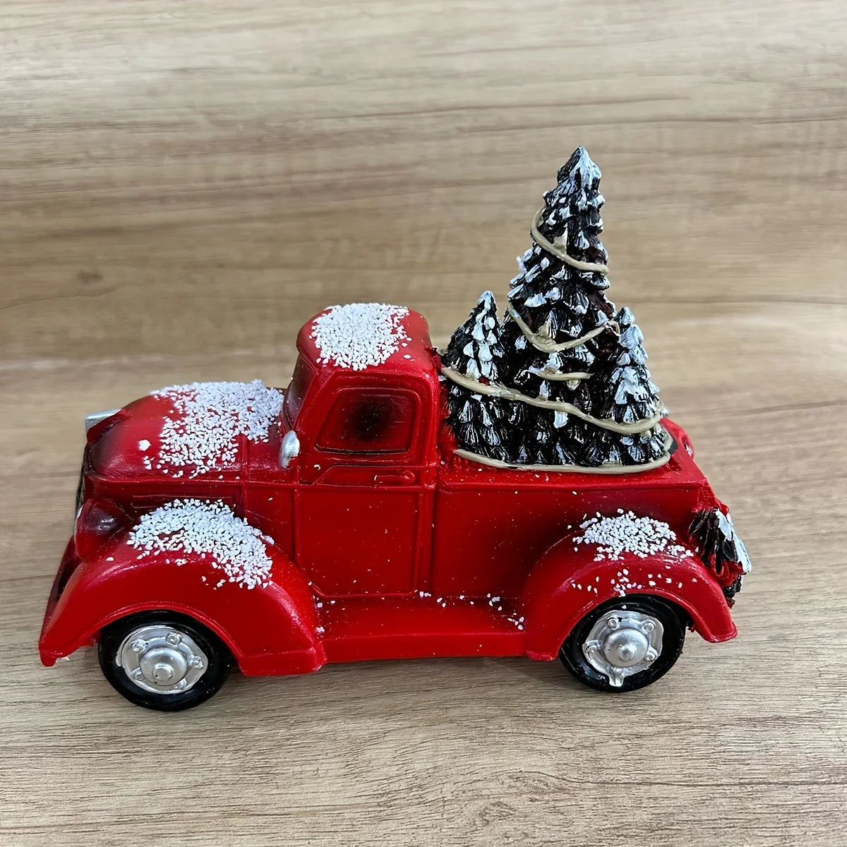 Resin Christmas Figurine Vintage Red Truck with Tree