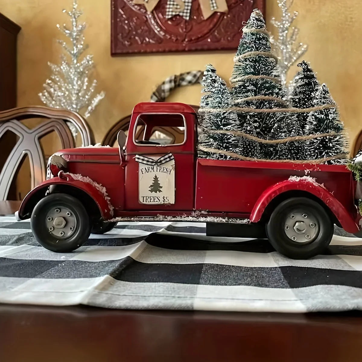 Resin Christmas Figurine Vintage Red Truck with Tree