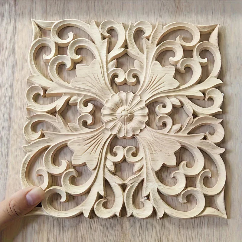 Rubberwood Wall Plaque with Intricate Floral Carvings, Natural Wooden Decor