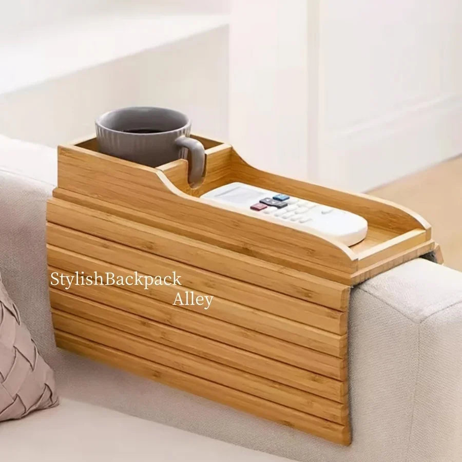 Stylish Bamboo Sofa Armrest Tray with Cup Holder - Anti-Fall Design, Foldable Storage Table for Snacks, Phones — House of Avana, view 1 of 22