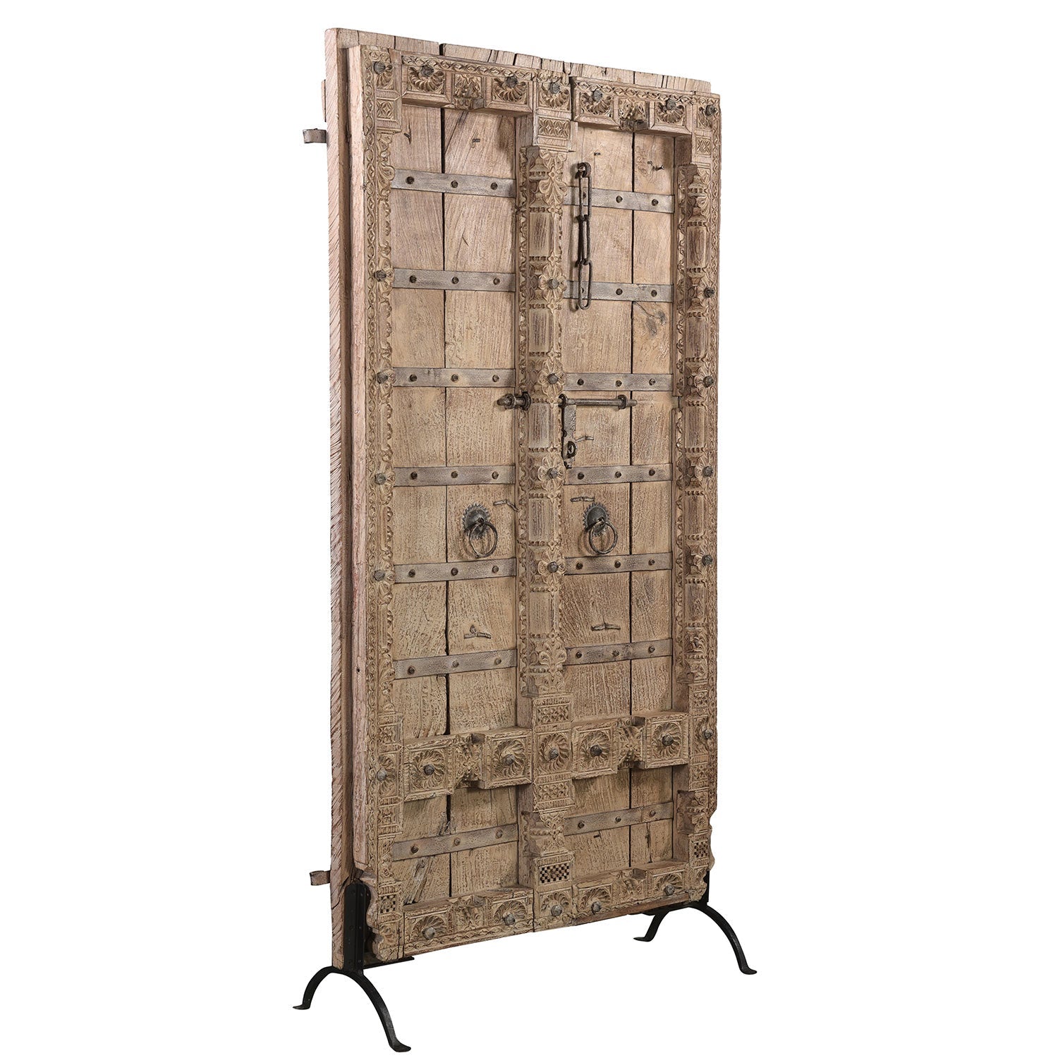 1800s Antique Carved Door In Natural Finish On Metal Dispay Stand