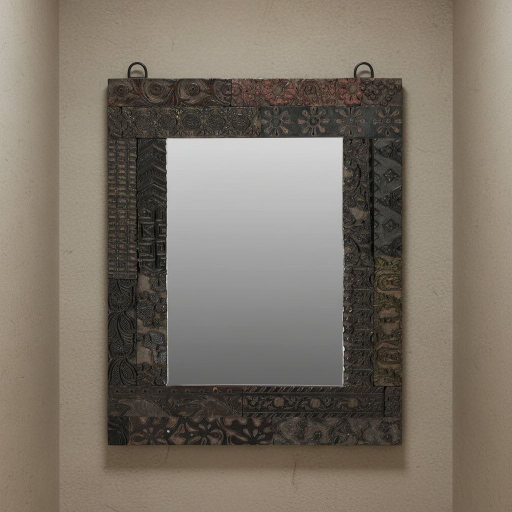 12 in. x 15 in. Rustic Old Carved Printing Stamps Upcycled Accent Mirror