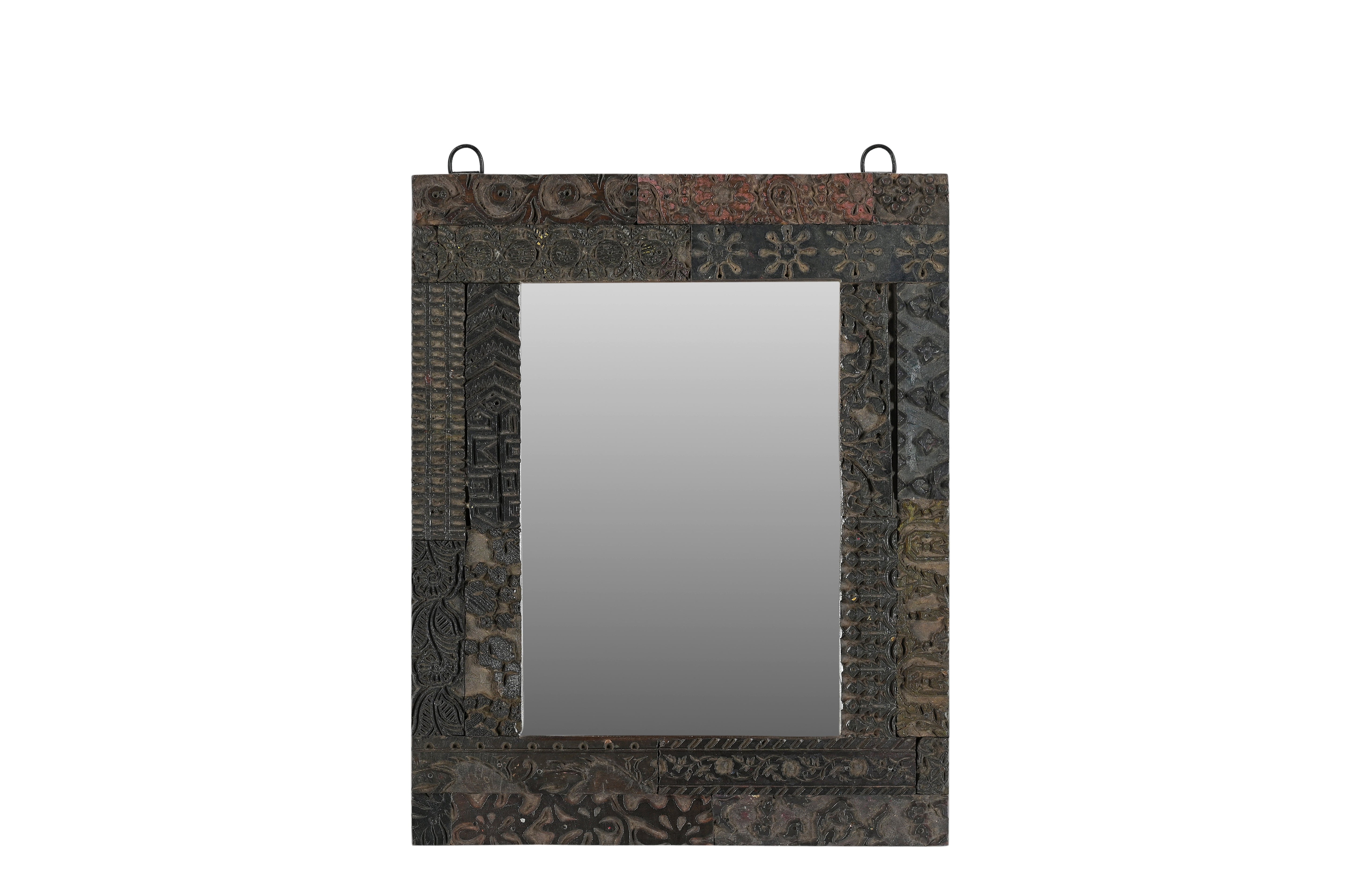 12 in. x 15 in. Rustic Old Carved Printing Stamps Upcycled Accent Mirror