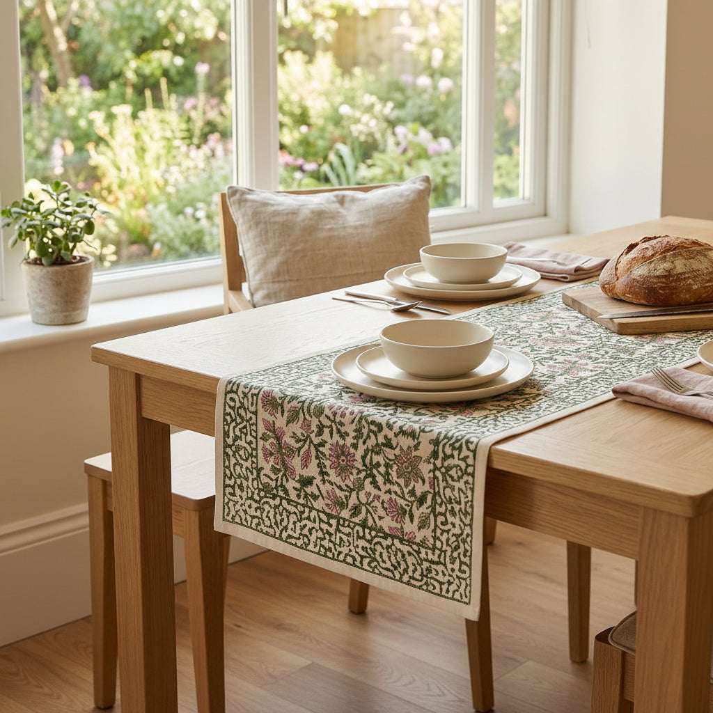 Hand Block Printed Cotton Emerald Green & Pink All-Over 13 Pieces Floral Table Linen Set — House of Avana, view 1 of 16