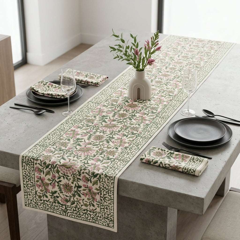Hand Block Printed Cotton Emerald Green & Pink All-Over 13 Pieces Floral Table Linen Set — House of Avana, view 2 of 16