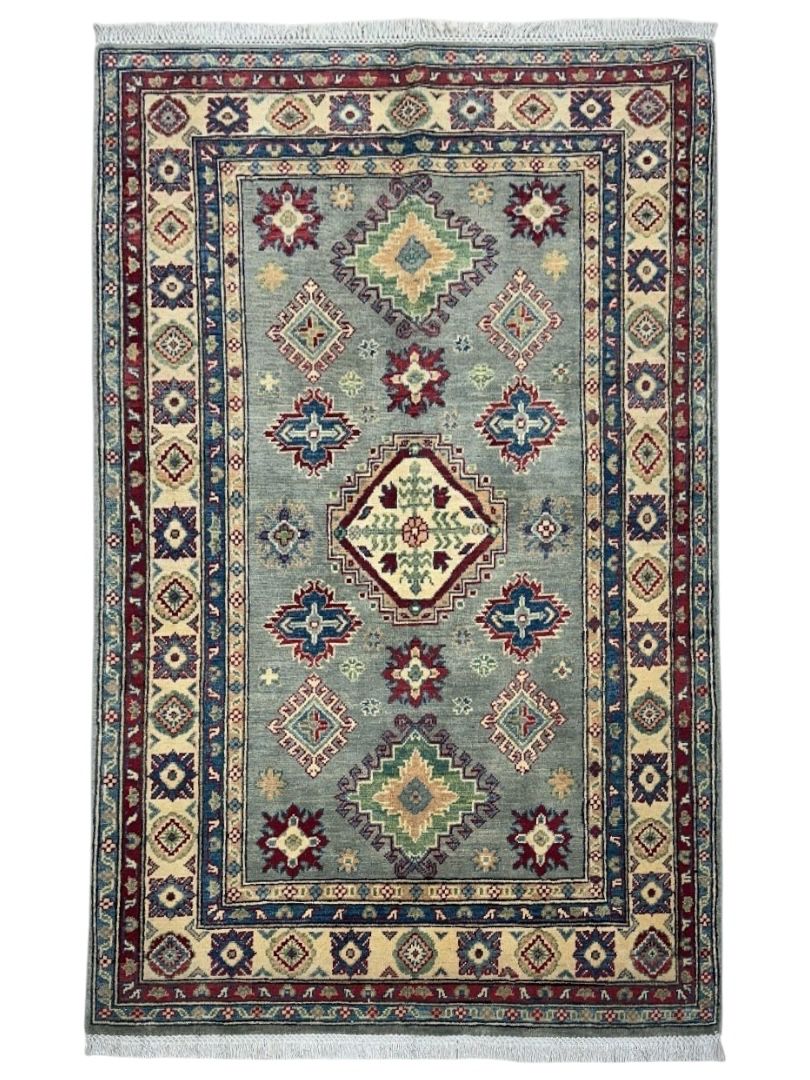 Afghan Kazak Rug 4x6 | Gray, Ivory & Burgundy | Hand-Knotted Wool - Rugistan