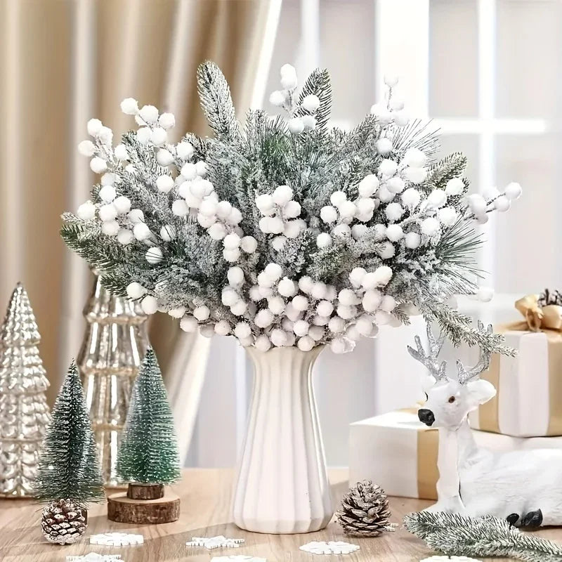 White Artificial Berry and Cedar Christmas Decor, 30pcs Winter Branches