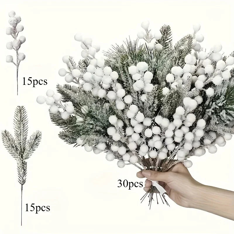 White Artificial Berry and Cedar Christmas Decor, 30pcs Winter Branches