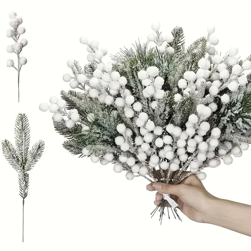 White Artificial Berry and Cedar Christmas Decor, 30pcs Winter Branches