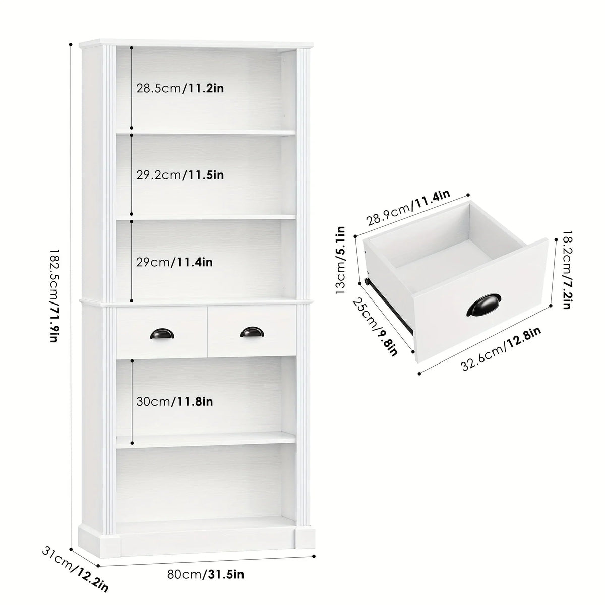 White Wooden 5-Tier Bookshelf with 2 Drawers and Adjustable Shelves